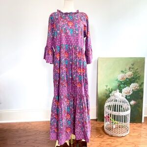 Madison Mathews Boho Prairie Peasant Tiered Maxi Dress XL Ruffle Neck Resort